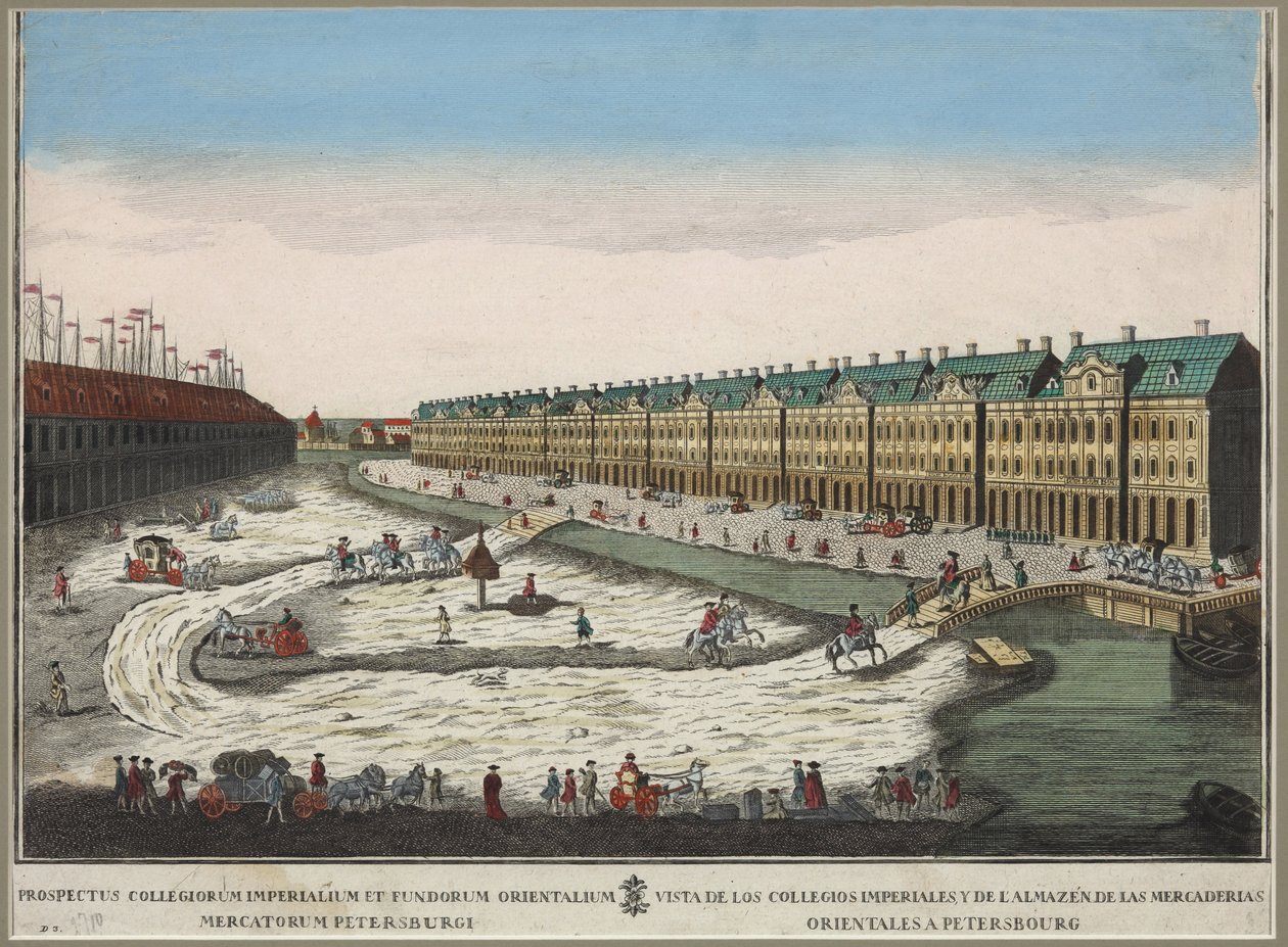 Widok budynku Dwunastu Kolegiów (batiment des douze colleges) w Sankt Petersburgu - Anonim. Grawerowanie miedzi, akwarela autorstwa Unknown artist