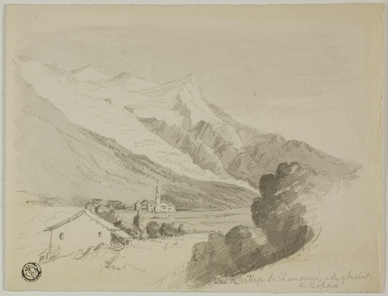 Widok na wioskę Chamonix i lodowiec Bossons autorstwa Unknown artist