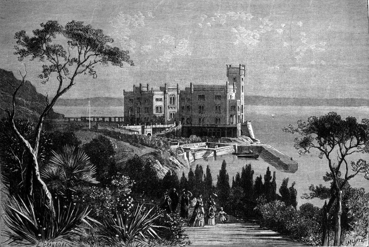 Widok zamku Miramare w Trieście (w okresie austriackim), rycina z 1885 autorstwa Unknown artist
