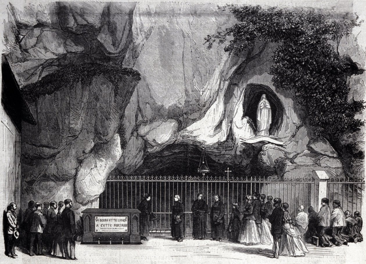 Widok na jaskinię Lourdes w Wysokich Pirenejach, gdzie Bernadetcie Soubirous (1844-1879) w 1858 roku objawiła się Matka Boża, obecne miejsce pielgrzymek. Grawerowanie XIX wieku autorstwa Unknown artist
