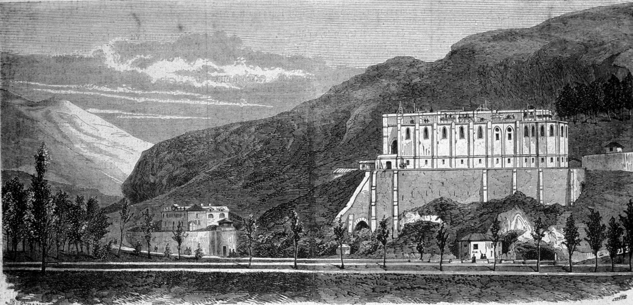 Widok na budowany kościół w pobliżu cudownej jaskini Lourdes w Wysokich Pirenejach, gdzie w 1858 r. pojawiła się Matka Boska Bernadetcie Soubirous (1844-1879), obecne miejsce pielgrzymek. Rycina XIX wieku autorstwa Unknown artist