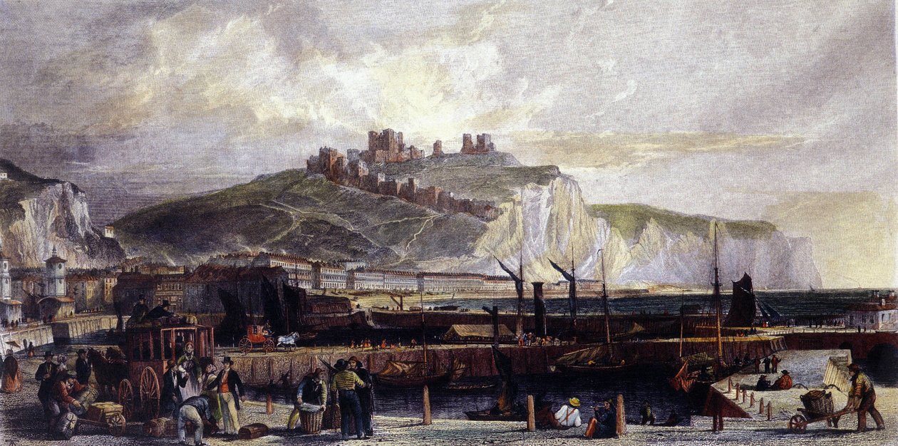 Widok na miasto Dover i jego wysokie białe klify kredowe w Anglii. 1850. autorstwa Unknown artist