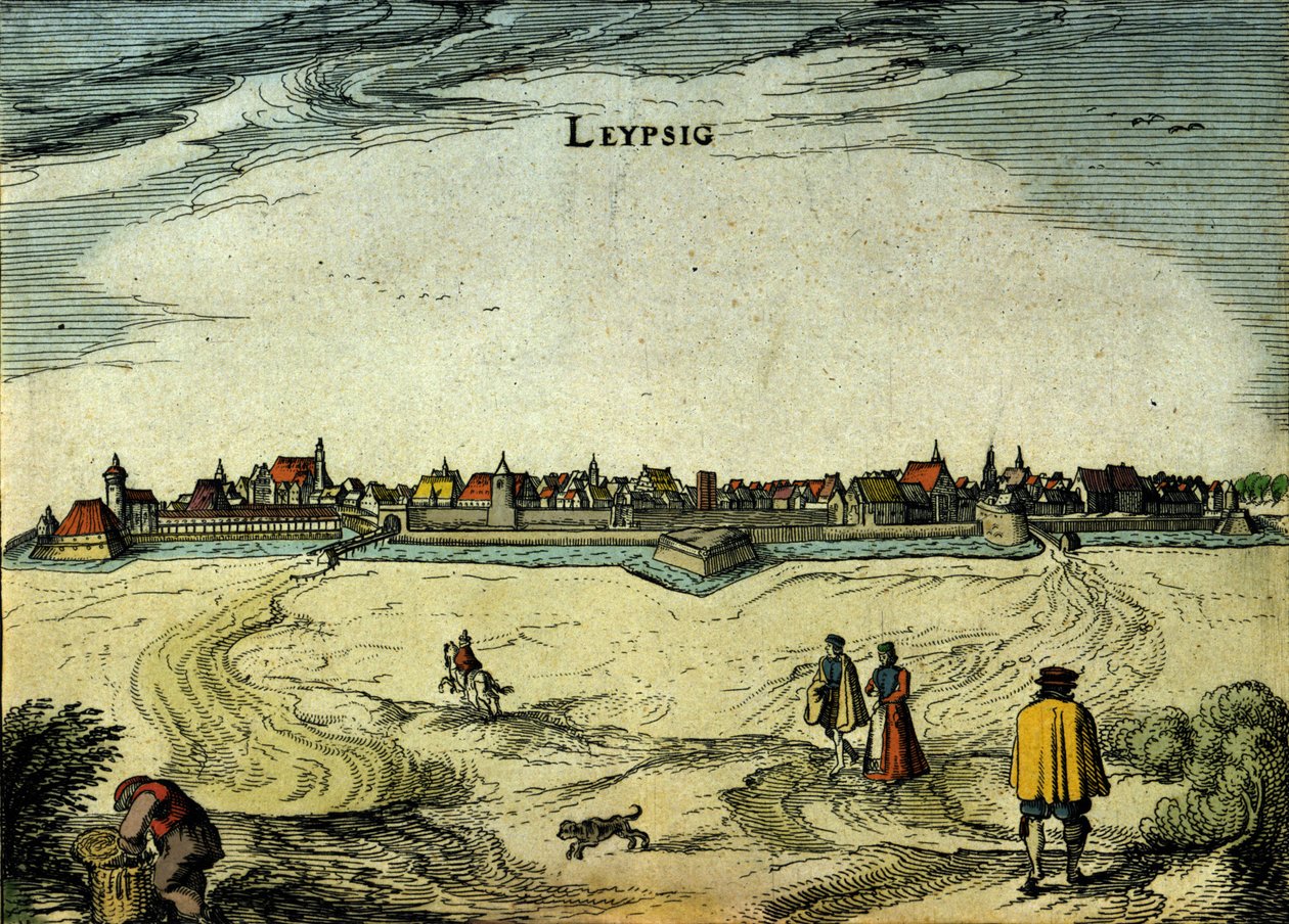 Widok na miasto Lipsk w Niemczech. Grawerowanie z XVIII wieku autorstwa Unknown artist