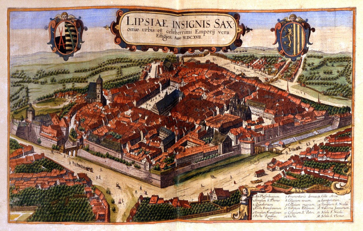 Widok na miasto Lipsk w Niemczech. Rycina z XVII wieku autorstwa Unknown artist