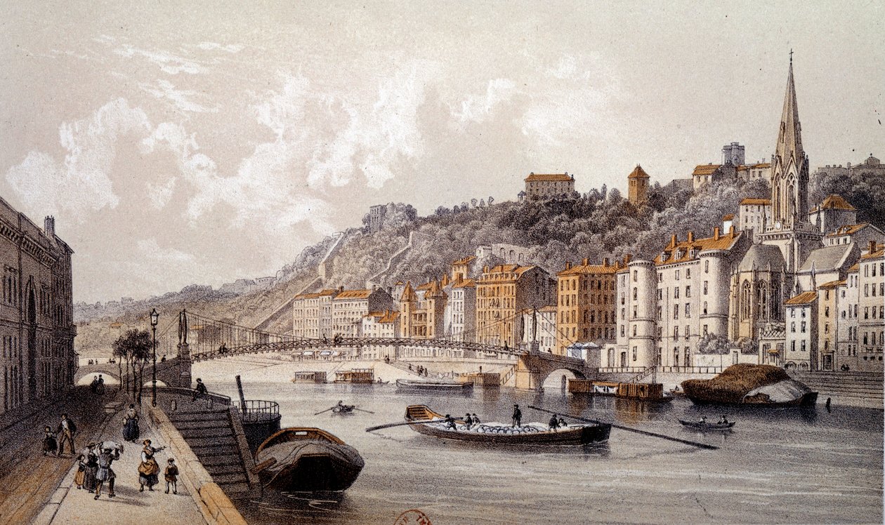 Widok miasta Lyon z Quai Tilsitt. Rycina XIX wieku. Paryż, B.N. autorstwa Unknown artist
