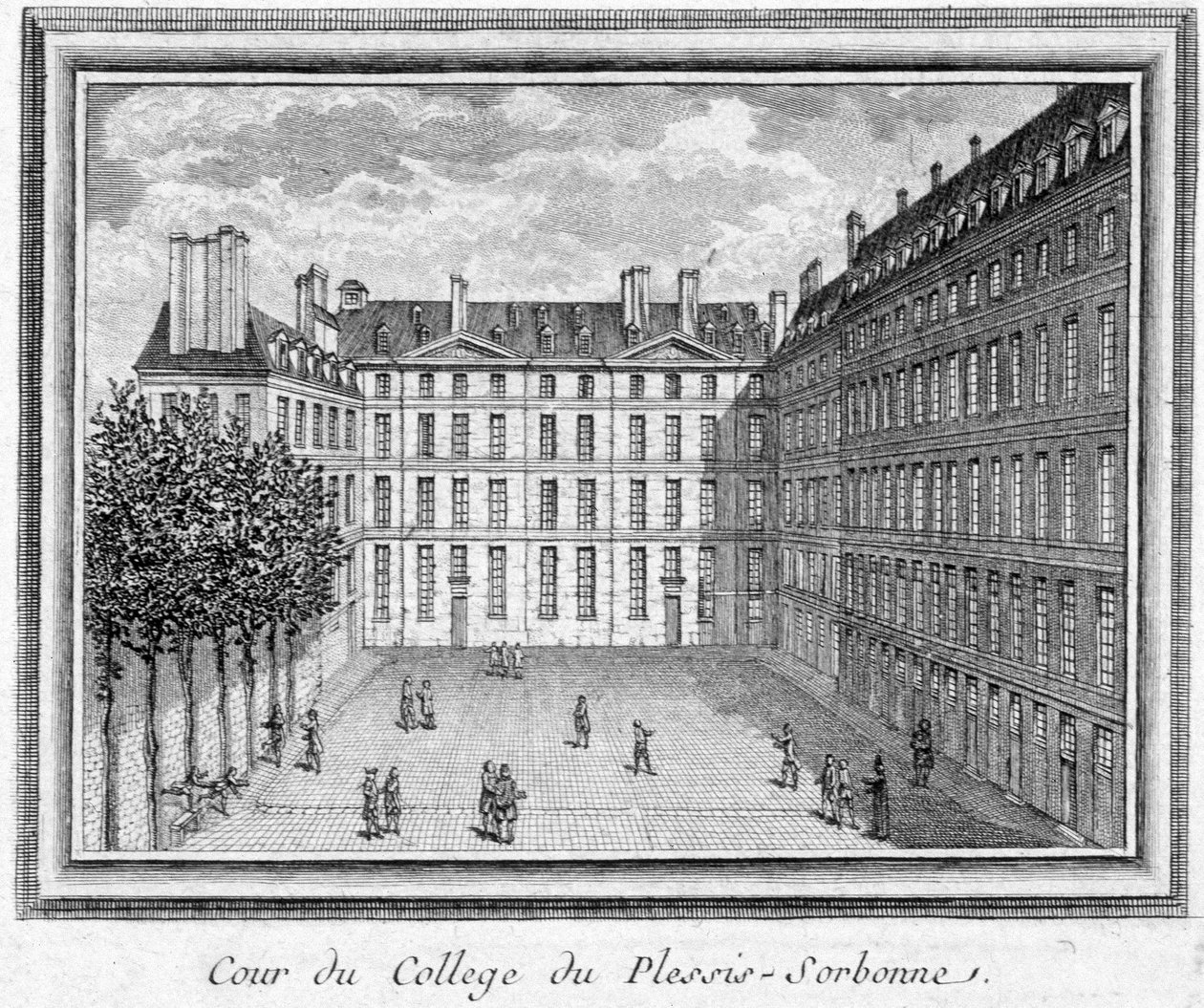 Widok na dwór kolegium Plessis Sorbonne (Paryż), założonego w 1323 r. przez Geoffroya du Plessis Balissona, używanego w 1848 i 1849 r. przez ENA. Grawerowanie zachowane w Musee Carnavalet. autorstwa Unknown artist