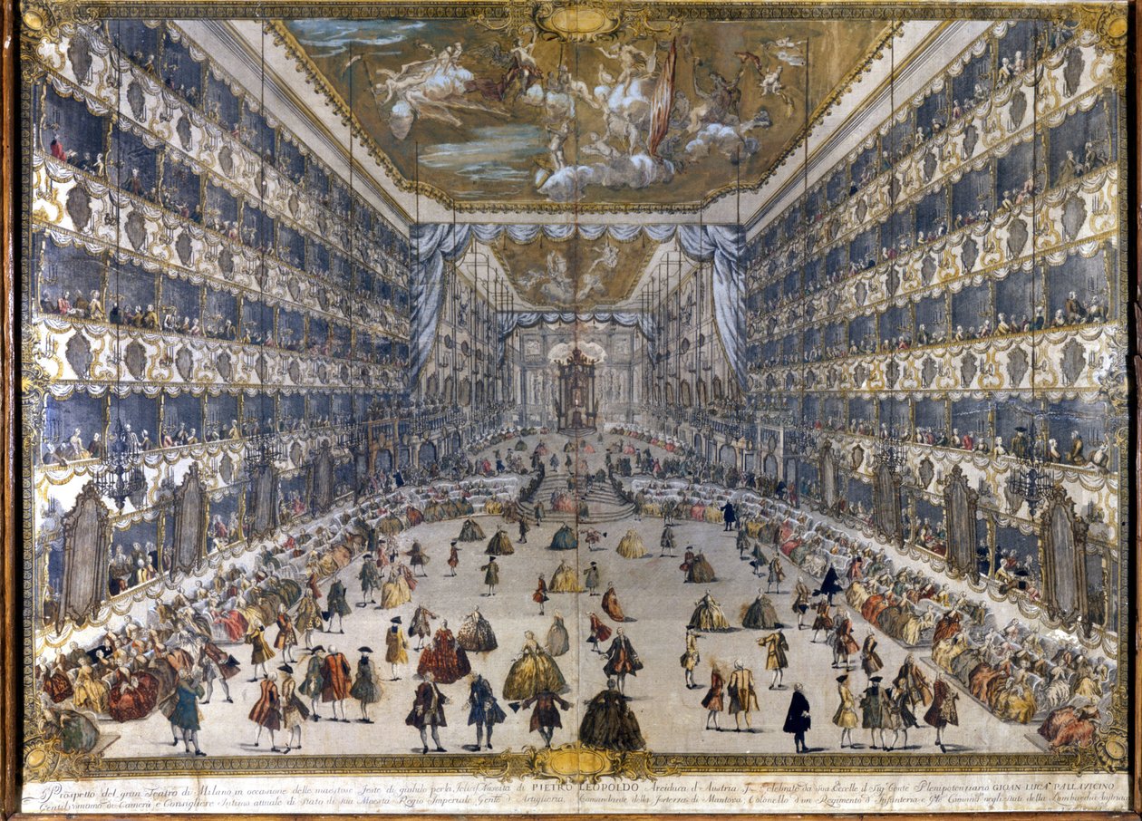 Widok teatru książęcego w Mediolanie w dniu 28.05.1747 r. z okazji święta narodzin arcyksięcia Leopolda Austrii. (Leopold II Habsburg Lorraine) (1747-1792) autorstwa Unknown artist
