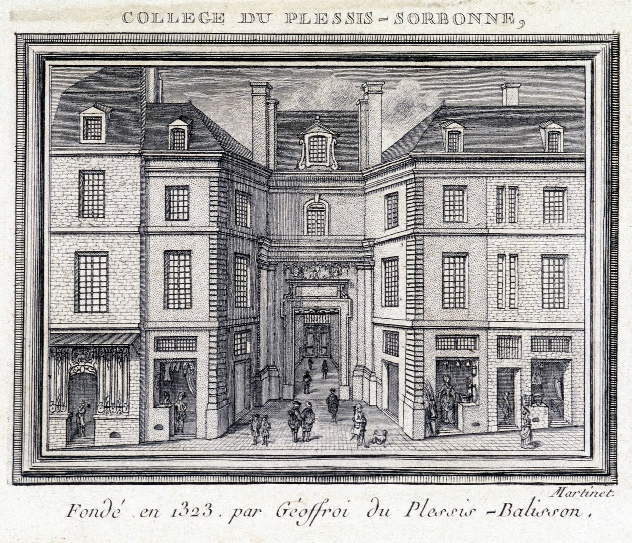 Widok na zewnętrzną fasadę kolegium Plessis Sorbonne (Paryż), założonego w 1323 roku przez Geoffroya z Plessis Balisson, używanego w latach 1848-1849 przez ENA. Rycina zachowana w Musee Carnavalet w Paryżu. autorstwa Unknown artist