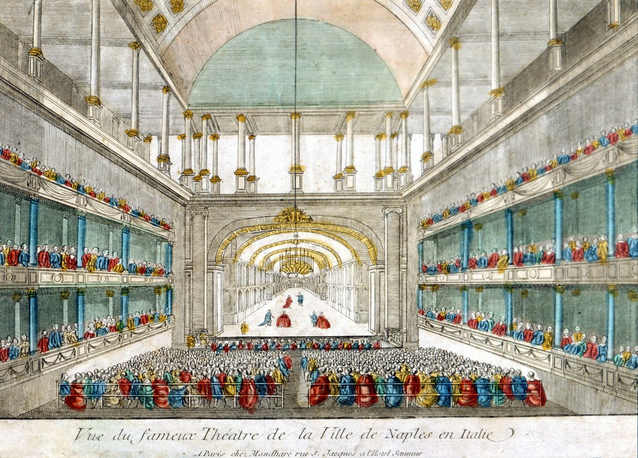 Widok na słynny teatr w Neapolu we Włoszech. Rycina z końca XVIII wieku. autorstwa Unknown artist