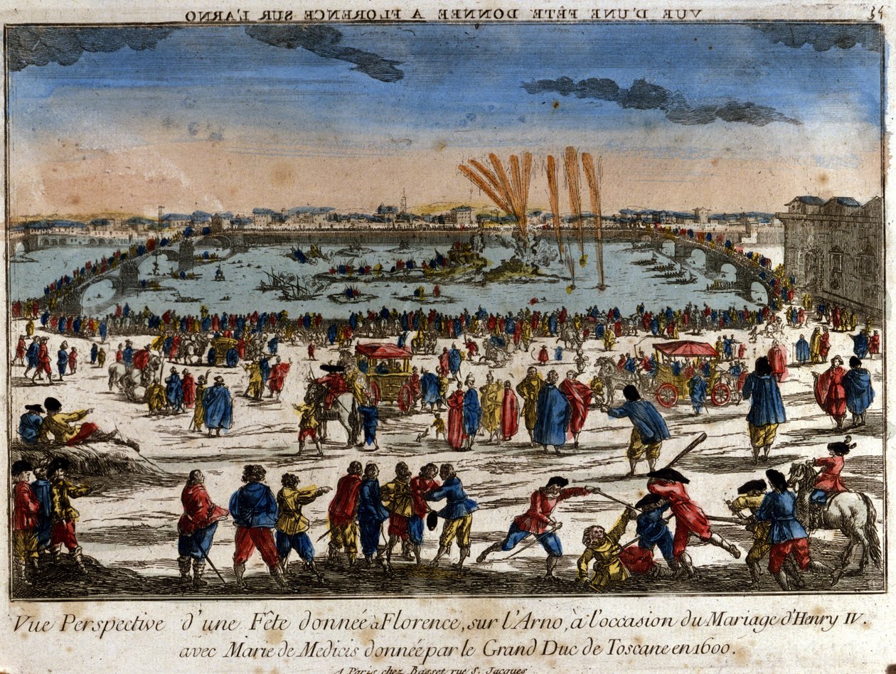 Widok na ucztę wydaną we Florencji nad brzegiem rzeki Arno przez wielkiego księcia Toskanii z okazji ślubu Henryka IV z Marią Medyceuszy w 1600 roku. Rycina. autorstwa Unknown artist
