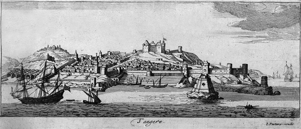 Widok na warowne miasto Tanger i wybrzeże, Maroko. Grawerowanie XVIII wieku. autorstwa Unknown artist