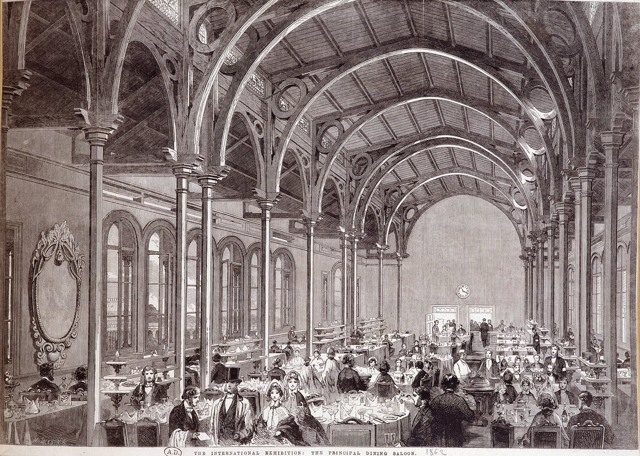 Widok na główną restaurację na Międzynarodowej Wystawie w Londynie w 1862 roku. autorstwa Unknown artist