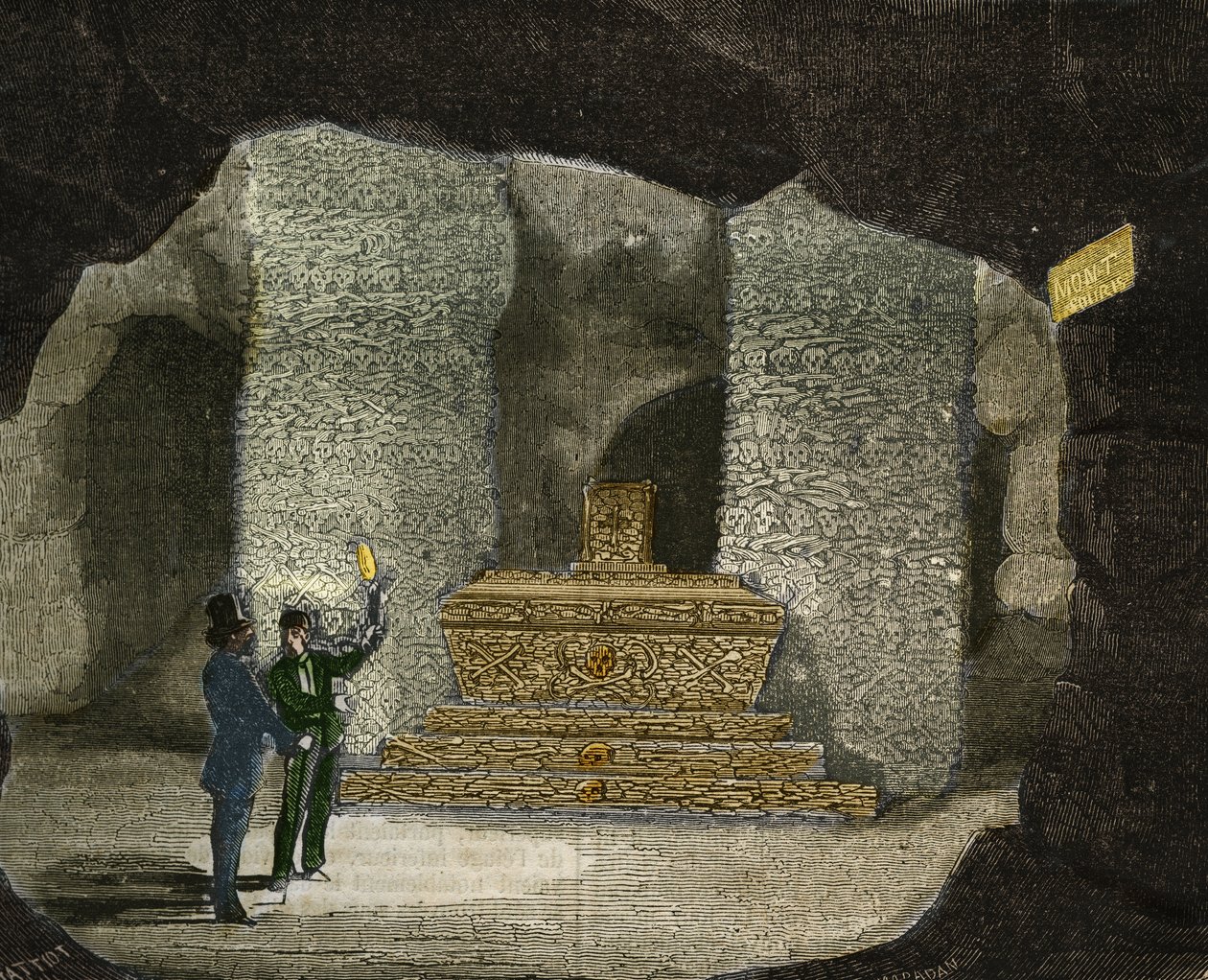 Widok na ossuarium katakumb Montsouris w Paryżu. Grawer z 1856 r. w „Le Musee Des Sciences”” autorstwa Unknown artist