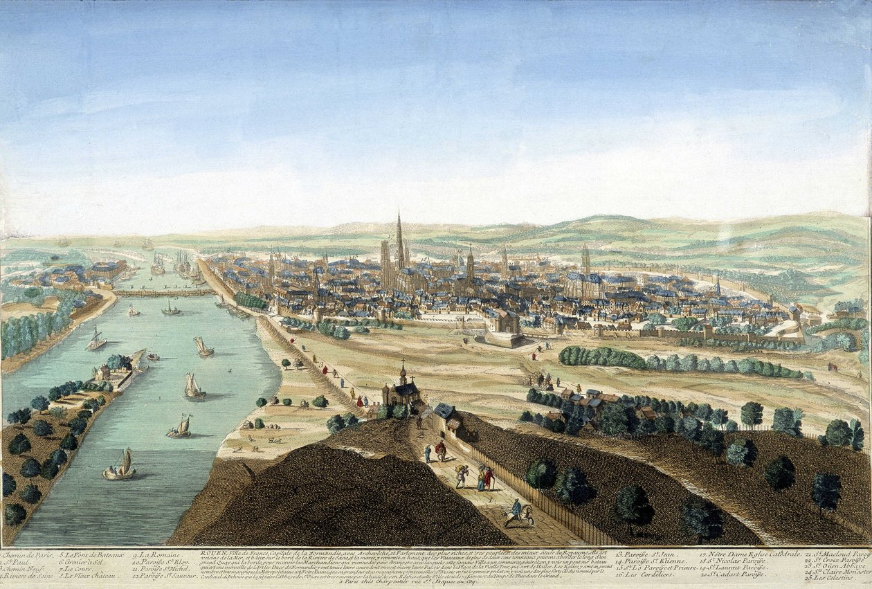 Widok na port i miasto Rouen; Rycina z XVIII wieku. autorstwa Unknown artist