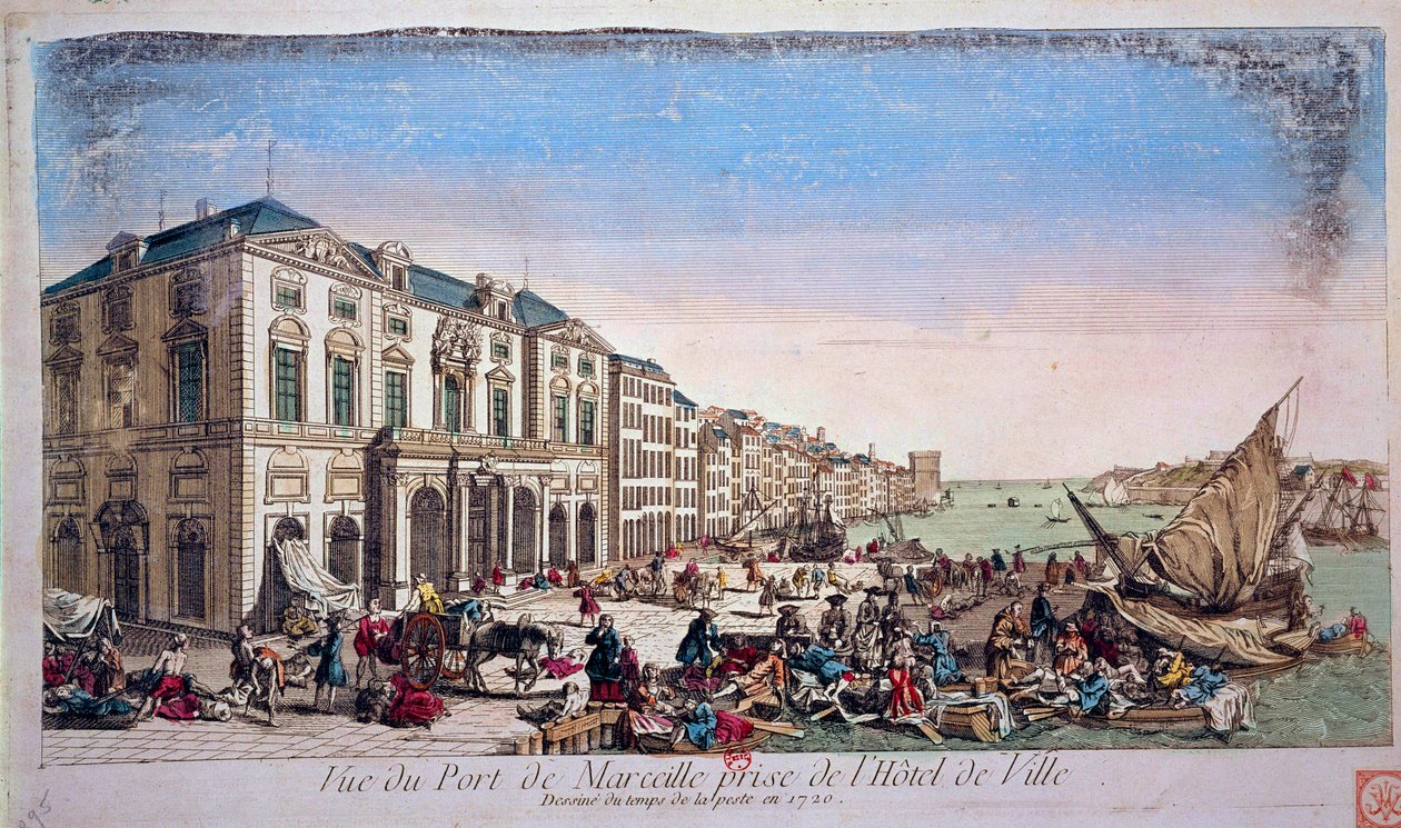Widok portu w Marsylii z ratusza w czasie epidemii dżumy z 1720 r. Rycina z 1720 r. Paryż, B.N. autorstwa Unknown artist