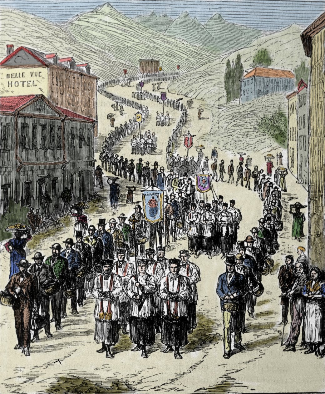 Widok procesji ze stacji do jaskini Lourdes w Wysokich Pirenejach, gdzie w 1858 r. Bernadetcie Soubirous (1844-1879) objawiła się Matka Boża, obecne miejsce pielgrzymek. Grawerowanie XIX wieku autorstwa Unknown artist