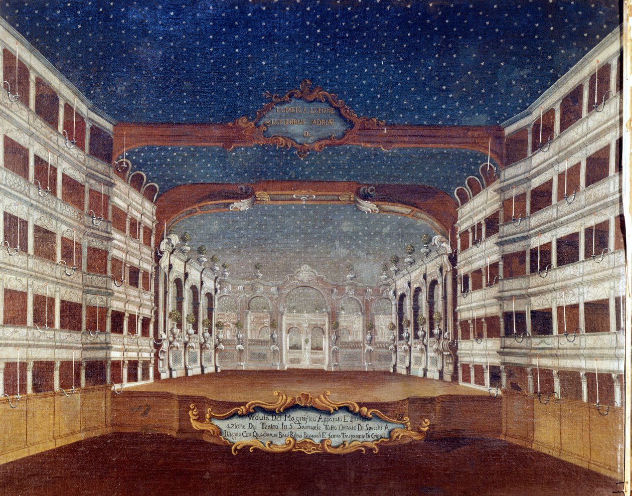 Widok teatru San Samuele (Samuel) w Wenecji zniszczonego przez pożar w 1747 roku. Rysunek z XVIII wieku. autorstwa Unknown artist