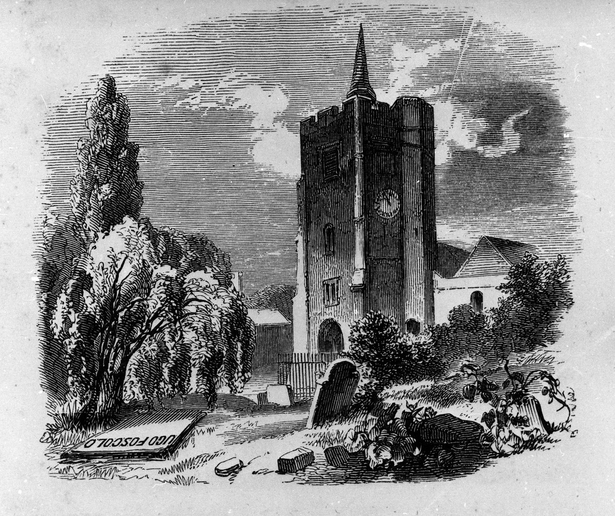 Widok na grobowiec włoskiego poety i dramaturga Ugo Foscolo (1778-1827) na cmentarzu Chiswick w Londynie. Rycina XIX wieku autorstwa Unknown artist