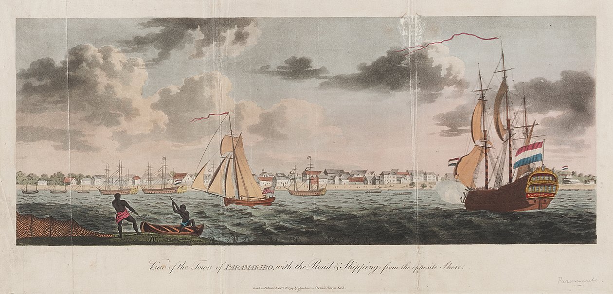 Widok na miasto Paramaribo, z drogą i żeglugą z przeciwległego brzegu autorstwa Unknown artist