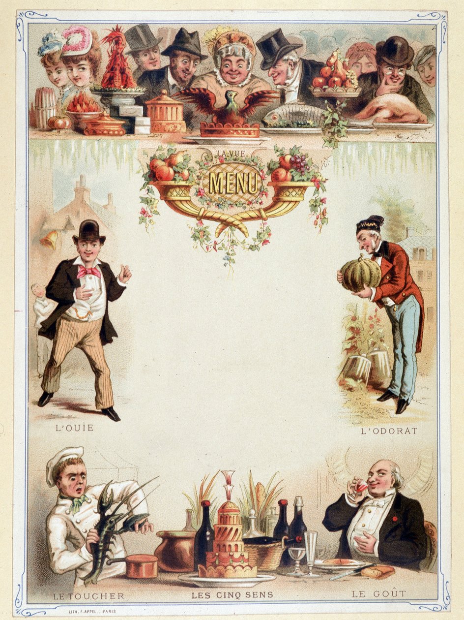 Dziewicze menu, ilustruje pięć zmysłów - chromolitografia, koniec XIX wieku autorstwa Unknown artist