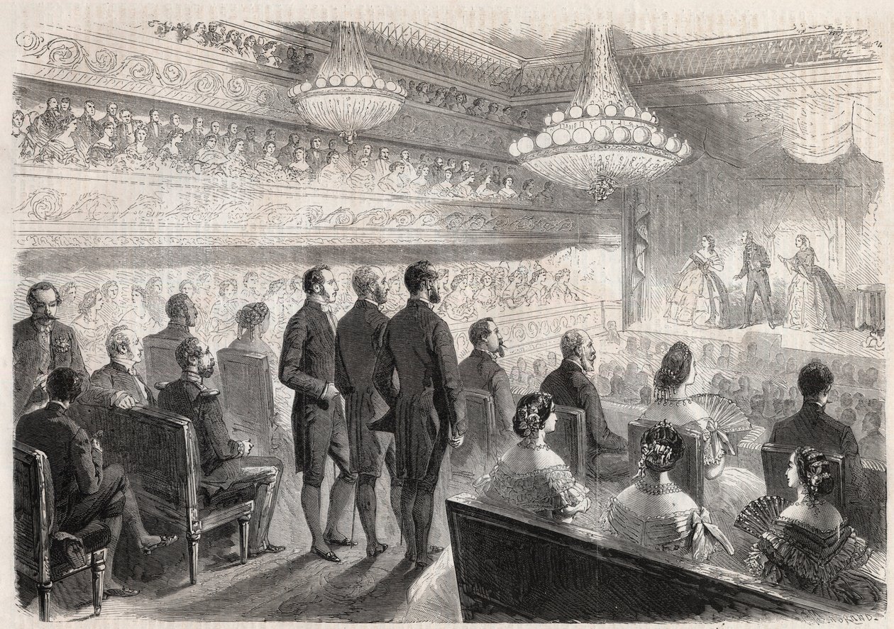 Wizyta Wilhelma I Pruskiego (1797-1888) w Compiegne: pokaz gali w teatrze pałacowym w obecności Napoleona III (1808-1873) - Grawerowanie w „Świat sławny”” autorstwa Unknown artist