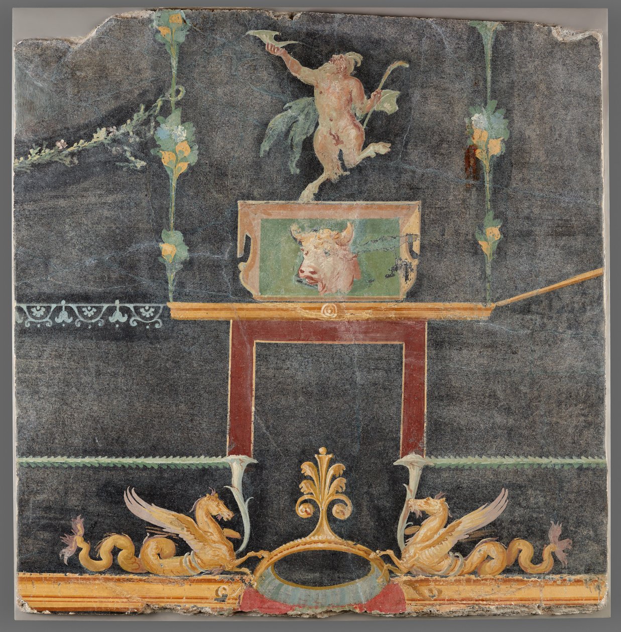 Fragment ściany z tańczącym satyrem, hipokampami i innymi motywami dekoracyjnymi na czarnym tle autorstwa Unknown artist