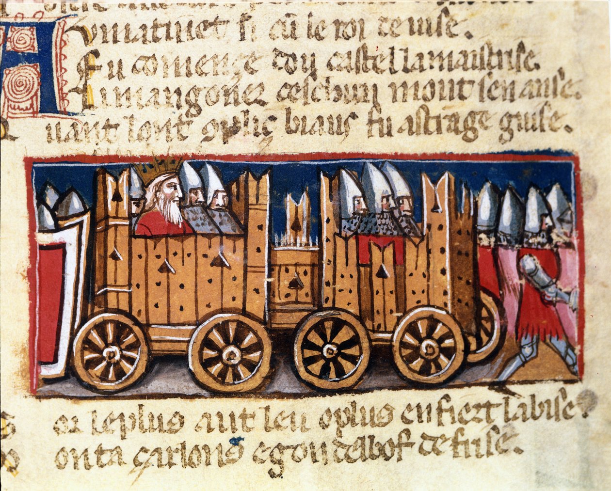 Maszyny wojenne, prekursor czołgu bojowego, używanego przez Karola Wielkiego przeciwko Maurom Hiszpanii - w rękopisie „Wejście Hiszpanii” z XIV wieku. Biblioteca Marciana, Wenecja. autorstwa Unknown artist