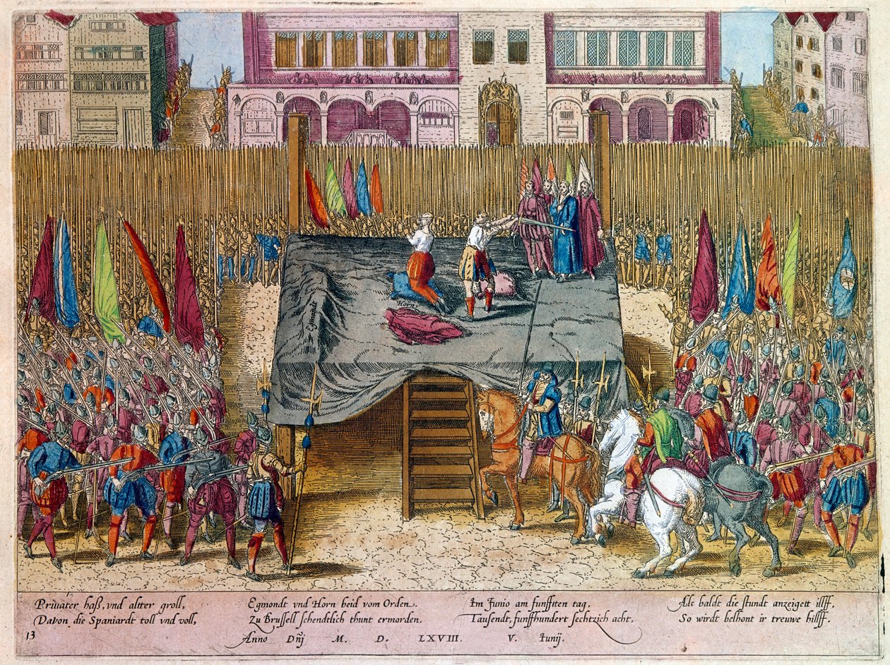 Wojna dziewięćdziesięciu lat: Decollation of Lamoral, hrabia Egmont, książę Gavre (1522-1568), polityk holenderski. Został skazany w ramach Conseil des problems (rady krwi) ustanowionej przez księcia Alby. Rytownictwo. Paryż B.N. autorstwa Unknown artist