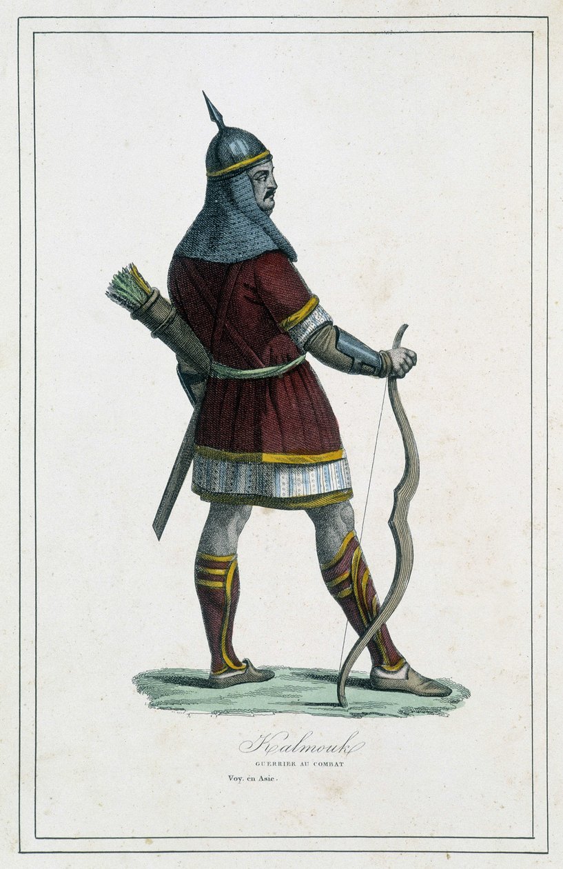 Wojownik Kalmouk (mongolscy mieszkańcy południowej Syberii) - w „Różne ludy ziemi” autorstwa Abbé P. Jouhanneaud, Biblioteka Dobrych Książek, Limoges autorstwa Unknown artist