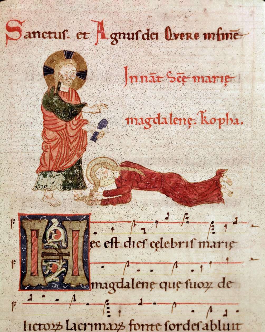 Umycie stóp: Maria Magdalena wsparta na stopach Chrystusa Miniatura ze stopniowego antyfonarza (tropair) (ms. 65) XII-wieczna Piacenza, Biblioteca Capitolare autorstwa Unknown artist