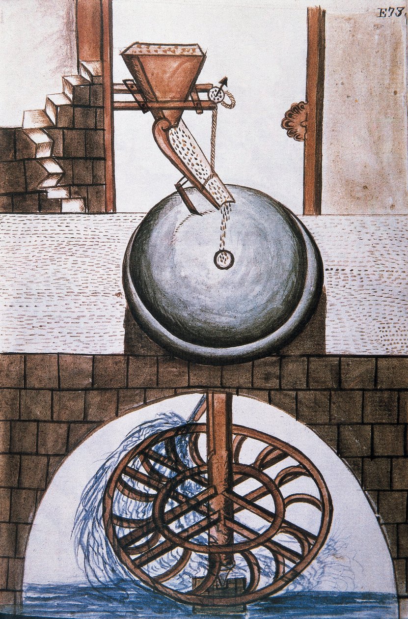 Młyn wodny, z książki „Trujillo of Peru” lub „Codex Martinez Companion”, autorstwa Baltazara Martineza Companion i Bujanda, biskupa Trujillo (1782-1785) autorstwa Unknown artist