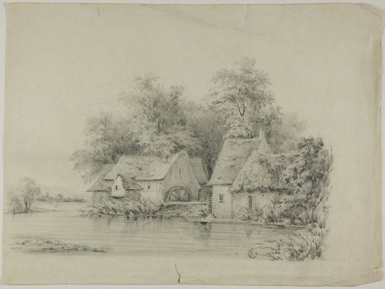Młyn wodny i domek z dachami krytymi strzechą autorstwa Unknown artist