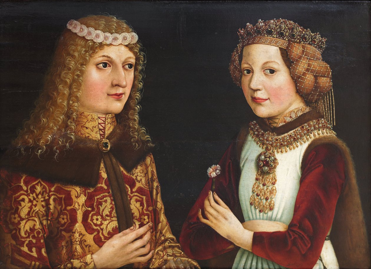 Portret ślubny Władysława Pośmiertnego (Ladislas de Habsbourg dit le Posthume) (1440-1457) i Magdaleny Valois (Madeleine de France ou de Valois) (1443-1495) - Anonymous - 1457 - Olej na drewnie - 38,5x52 - Szepmuveszeti Muzeum, Budapeszt autorstwa Unknown artist