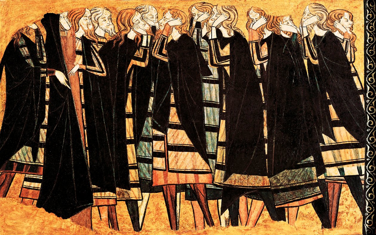 Płaczący w czarnej pelerynie na grobie Rycerza Don Sancho Saiz de Carillo, fragment fresku zdobiącego grób. Detreme na drewnie. Koniec XIII wieku. Museu Nacional d
