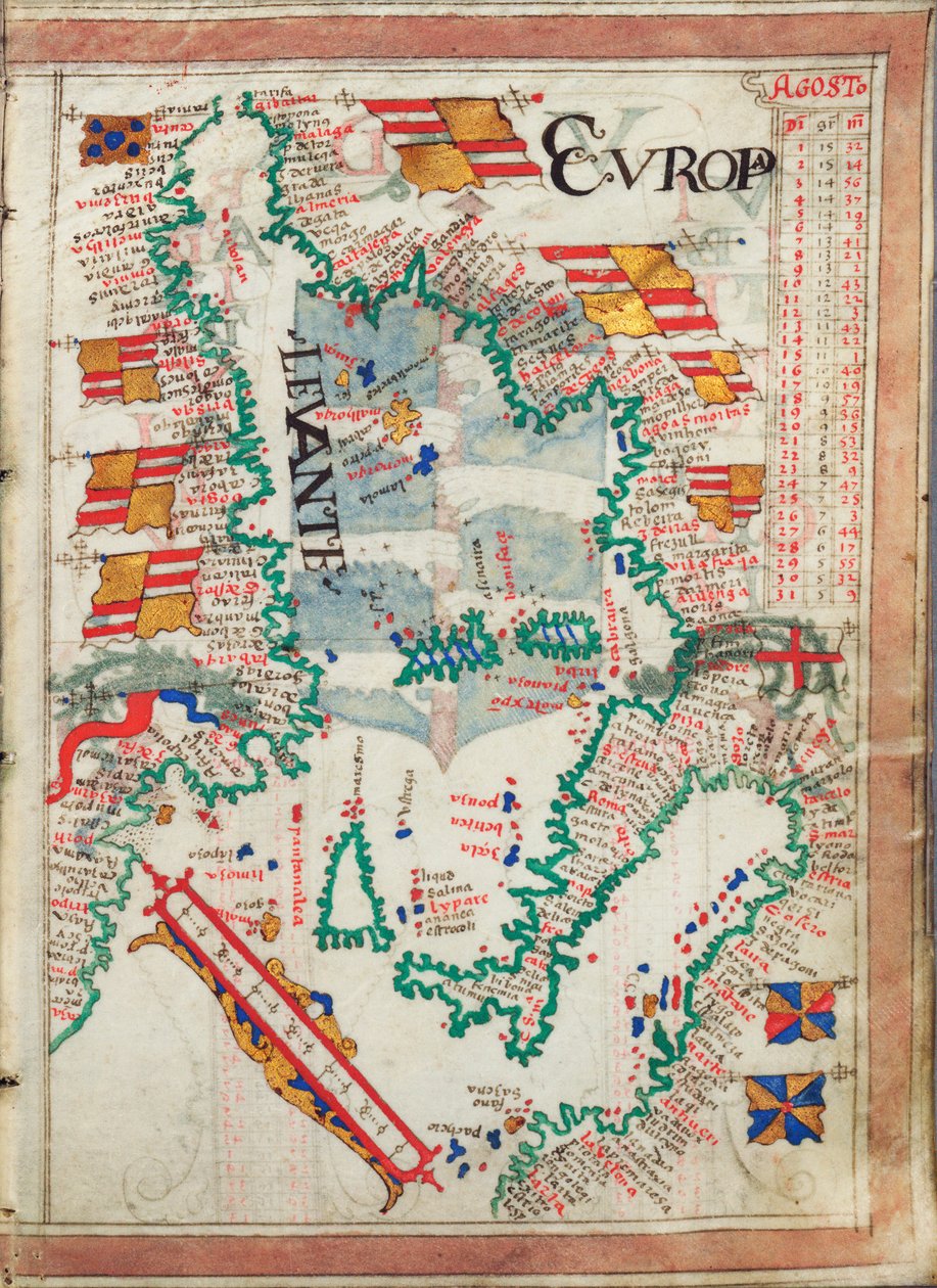 Zachodnie Morze Śródziemne, oprawione w atlas z dwudziestoma pięcioma wykresami z diagramami i tabelami, ok. 1550-60 (welin) autorstwa Unknown artist