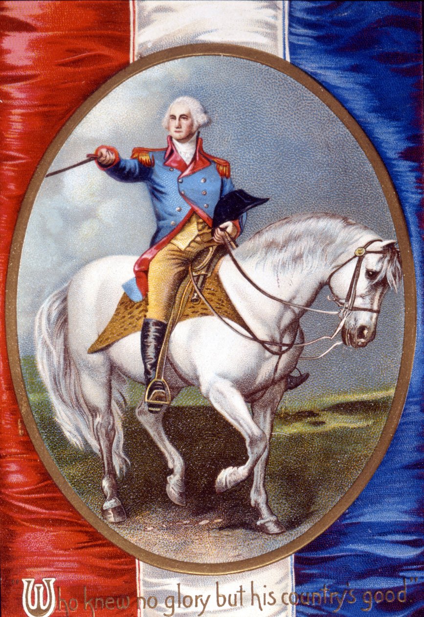 Kto nie znał chwały poza dobrem swojego kraju: Jerzy Waszyngton (1732 - 1799) jadący w medalionie na odwrocie francuskiej flagi. chromolitografia z XIX wieku. autorstwa Unknown artist