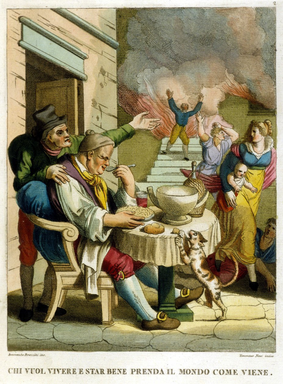 „Kto chce cieszyć się życiem i żyć dobrze, musi przyjąć świat taki, jaki jest”. Zbiór przysłów, rycina z końca XVIII wieku autorstwa Unknown artist