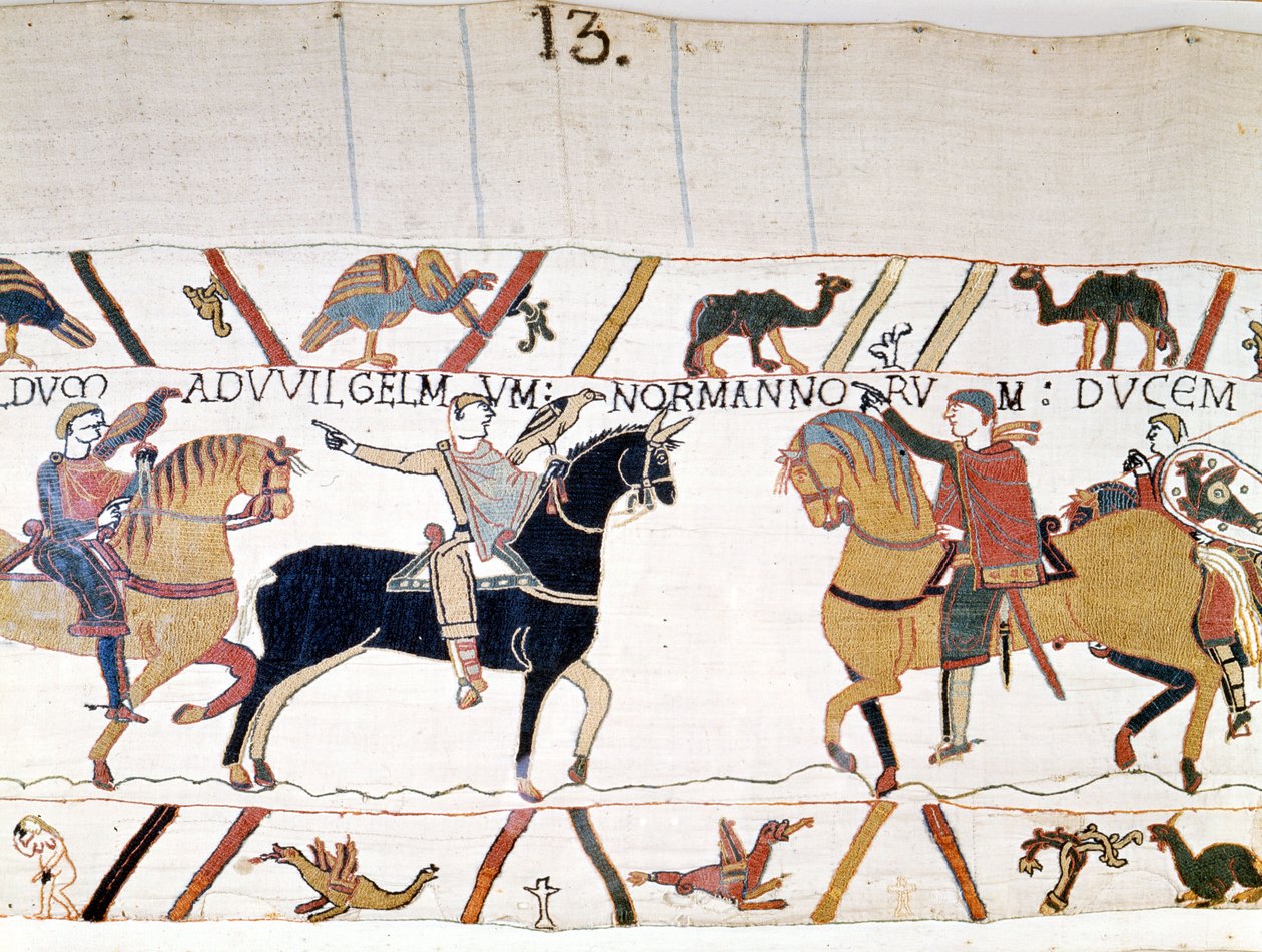 Wilhelm I Zdobywca (1027 - 1087) spotkał Harolda II (1022 - 1066), króla Anglii, po wyzwoleniu go. Gobelin z Bayeux, znany jako Haft królowej Matyldy autorstwa Unknown artist