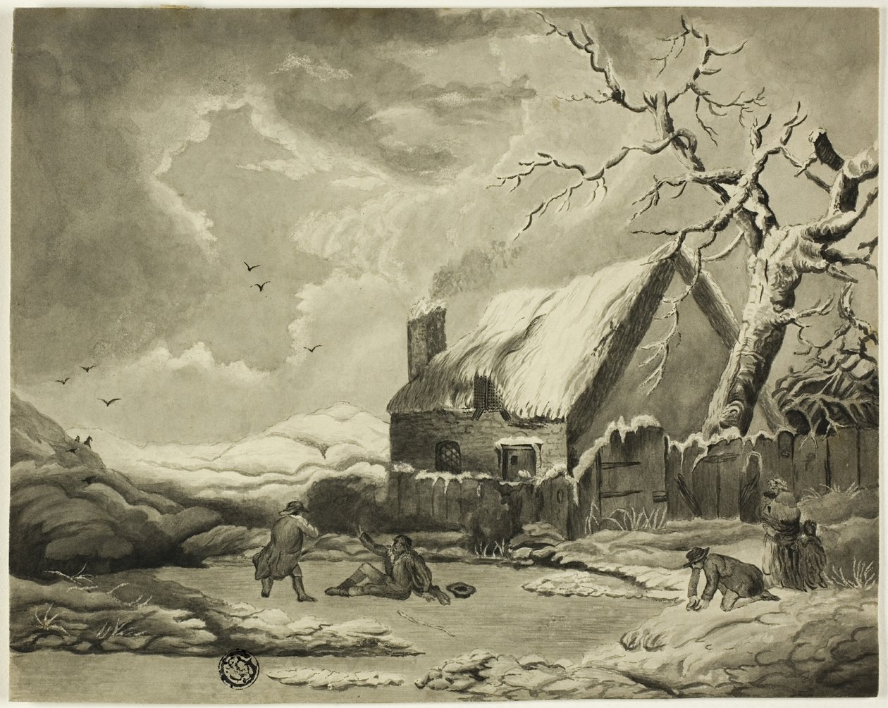 Zimowa scena z ludźmi na zewnątrz domku nad stawem autorstwa Unknown artist