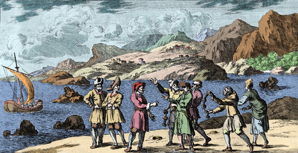 Czary i wierzenia: fiński i lapoński prowokujący burzę magią trzech węzłów. Grawer z „Mundi Mirabilis Oeconomia” Johanna Zahna (1631-1707) autorstwa Unknown artist