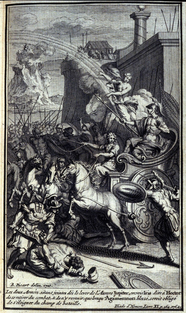Gdy dwie armie dołączyły do wschodu świtu, Jupiter wysłał Iris, aby powiedziała Hectorowi, aby wycofał się z bitwy i wrócił tylko wtedy, gdy Agamemnon będzie ranny, zostanie zmuszony do odejścia z pola bitwy. Ilustracja księgi XI Iliady Homere, Frenc autorstwa Unknown artist