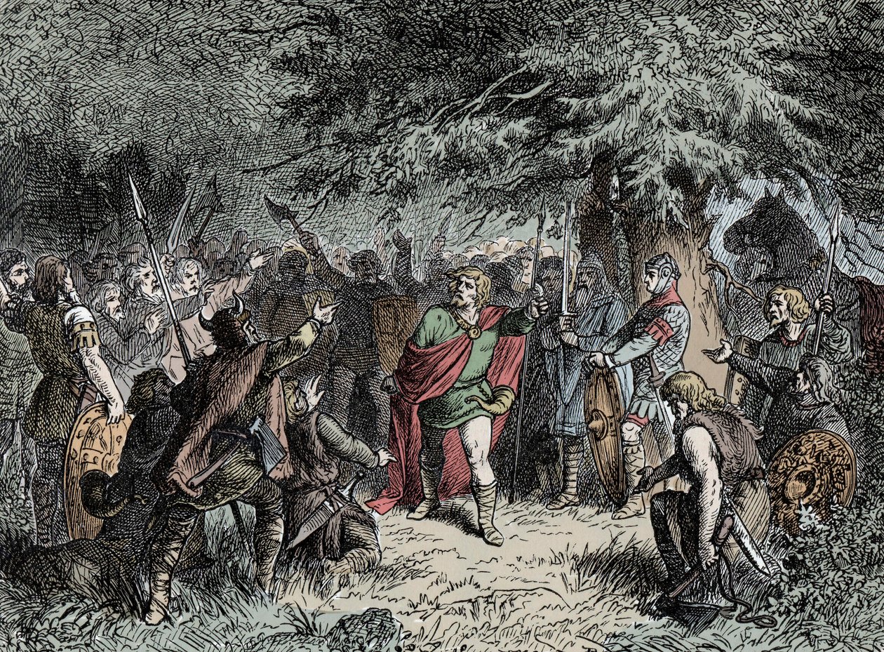 Witekkind wzywa swoich Sasów do broni – Widukind z Saksonii (ok. 750-810) wzywa Sasów do podniesienia broni przeciwko inwazji Franco na Karola Wielkiego w 777 r. autorstwa Unknown artist