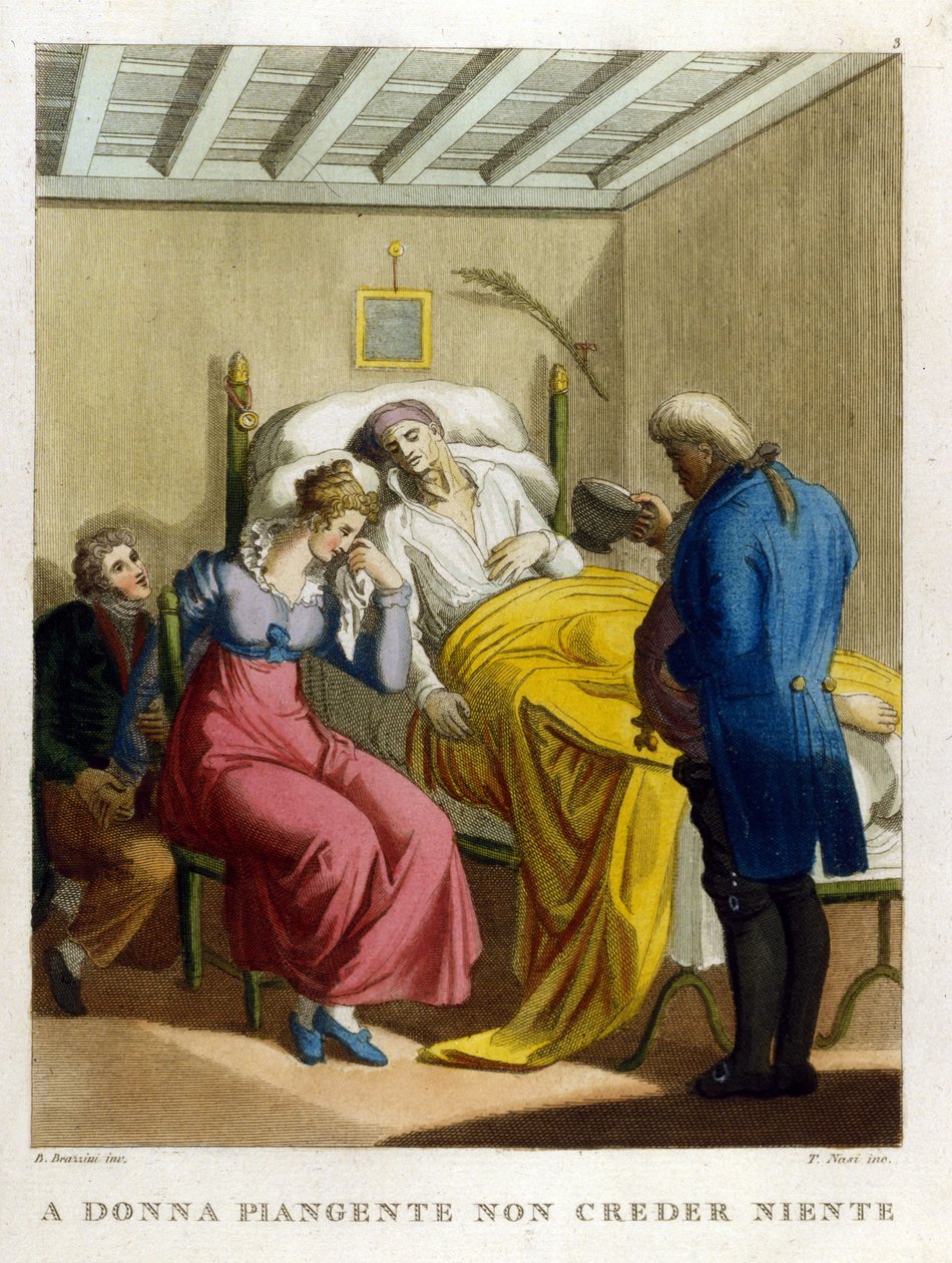 „Kobiece łzy, fontanna złośliwości. Obserwuj płacz kobiety. XVIII-wieczna rycina przedstawiająca serię przysłów. autorstwa Unknown artist