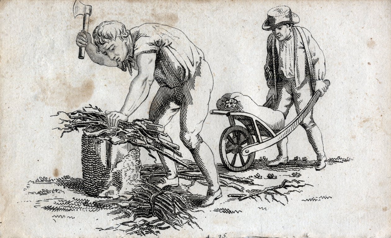 Drwal robi wiązki drewna i mężczyzna niosący wiązki na taczce. Grawerowanie końca XVIII wieku. Prywatna kolekcja. autorstwa Unknown artist