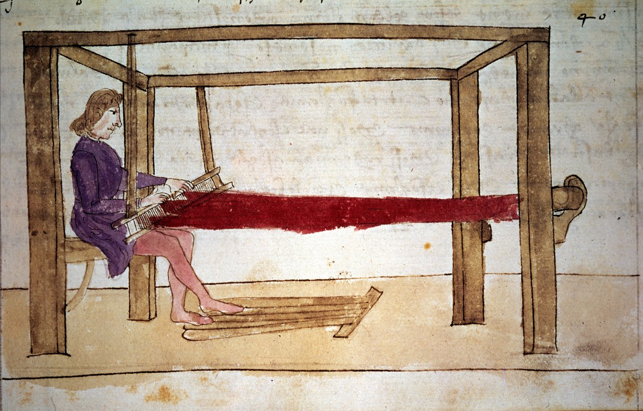 Tkanie wełny. Miniatura z XIV-wiecznego rękopisu. Florencja, Nazionale biblioteca autorstwa Unknown artist