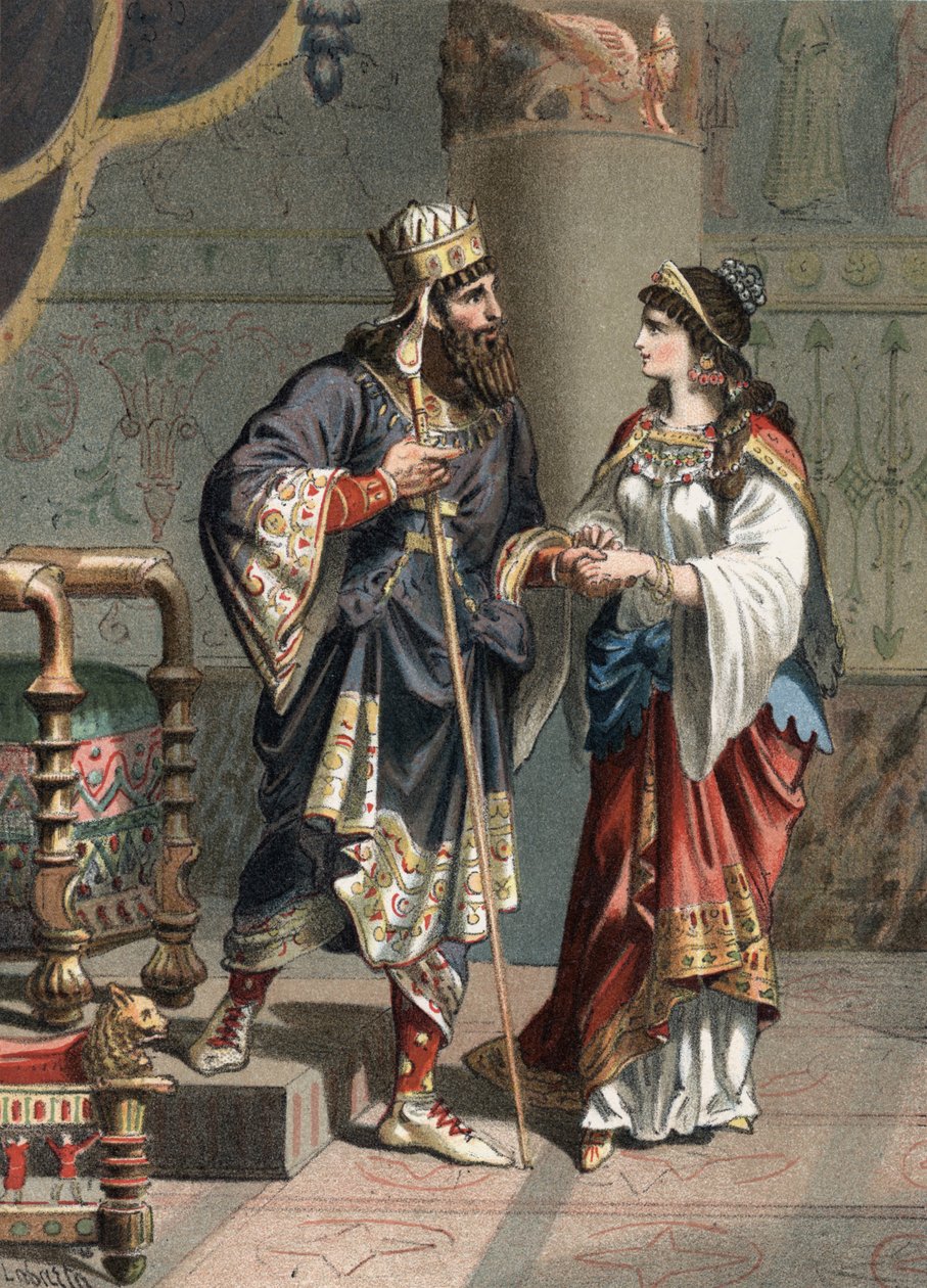 Kserkses I Achemenid król Persji (519-465 pne) z żoną Amestris. Grawer z 1881 r. w „Kultze piękna” autorstwa Juan Justo Huguet, redaktorzy Molinas Hermanos autorstwa Unknown artist
