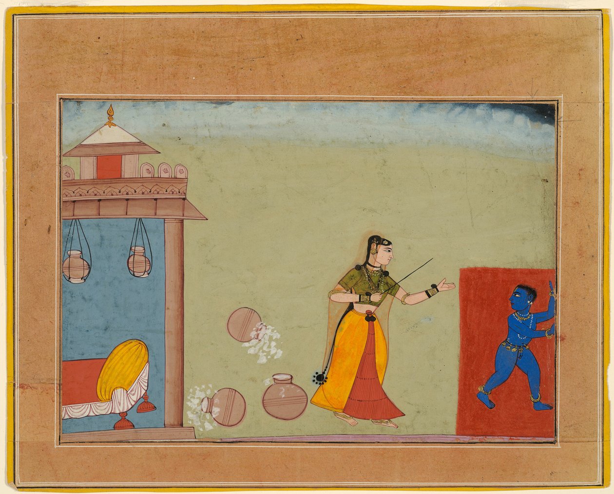 Yashoda karci swego przybranego syna, młodego Krishnę, strona z manuskryptu Bhagavata Purany autorstwa Unknown artist