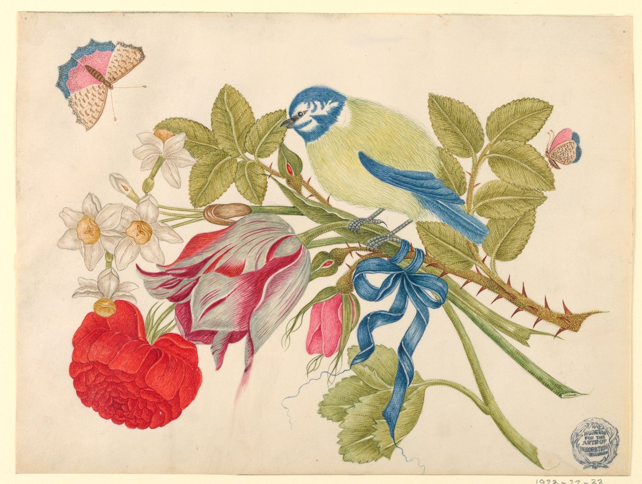 Żółto-niebieski ptak na bukiet z różą, tulipanami i żonkilami, z motylami autorstwa Unknown artist