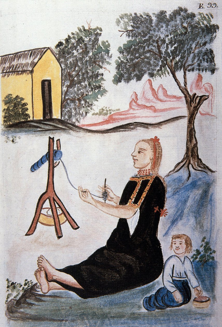 Młoda Indianka przędąca wełnę, z książki „Trujillo of Peru” lub „Codex Martinez Companion”, autorstwa Baltazara Martineza Companion i Bujandy, biskupa Trujillo (1782-1785) autorstwa Unknown artist