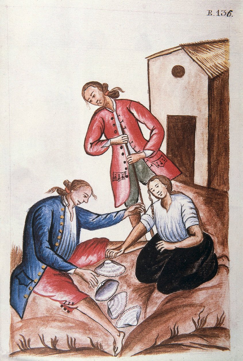 Młodzi Indianie grający w muszle, z książki „Trujillo del Peru” lub „Códice Martínez Compañón”, Baltazara Martineza Compañón y Bujanda, biskupa Trujillo (1782-1785) autorstwa Unknown artist